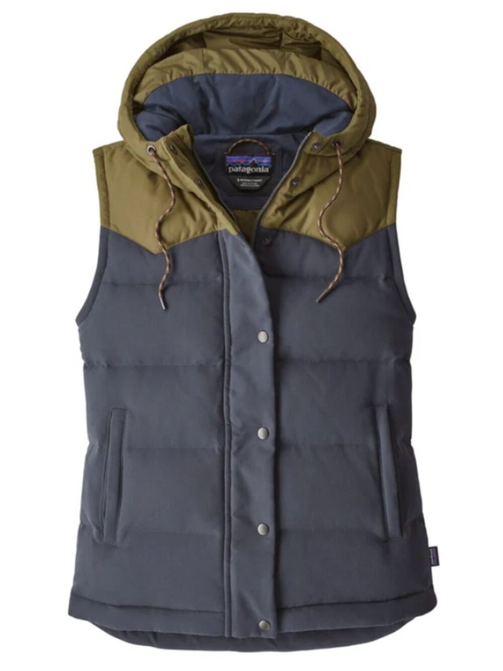 Patagonia® Worn Wear W's Bivy Hooded Vest in Smolder Blue and Fatigue Green Sz M